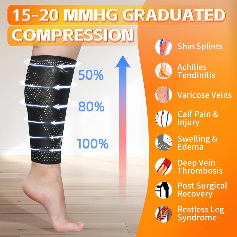 Hiball Copper Calf Compression Sleeves for Men & Women, Lower Leg Support Braces, Footless Graduated Compression Socks for Varicose Veins, Shin Splint, Lymphedema, Calf Pain Relief, Running (1 Pair) - Image 2